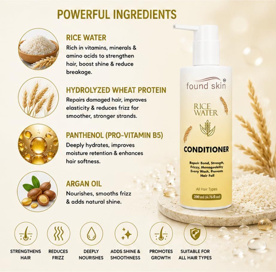 Found Skin Rice Water Formula For Dry, Frizzy & Weak Strands | Nourishing Daily Conditioner For Smooth & Manageable Hair 200ML image 4