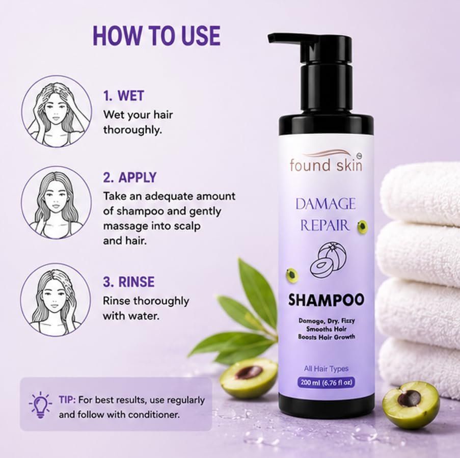 Found Skin Damage Repair Shampoo For Dry, Frizzy And Damaged Hair, Smooth And Nourishing Daily Cleanser, All Hair Types, 200ML image 5