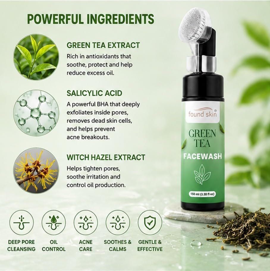 Found Skin Green Tea Face Wash With Built-in Silicone Brush | Deep Cleansing Oil Control Face Cleanser For Acne, Blackheads & Pimples | 150ML image 5
