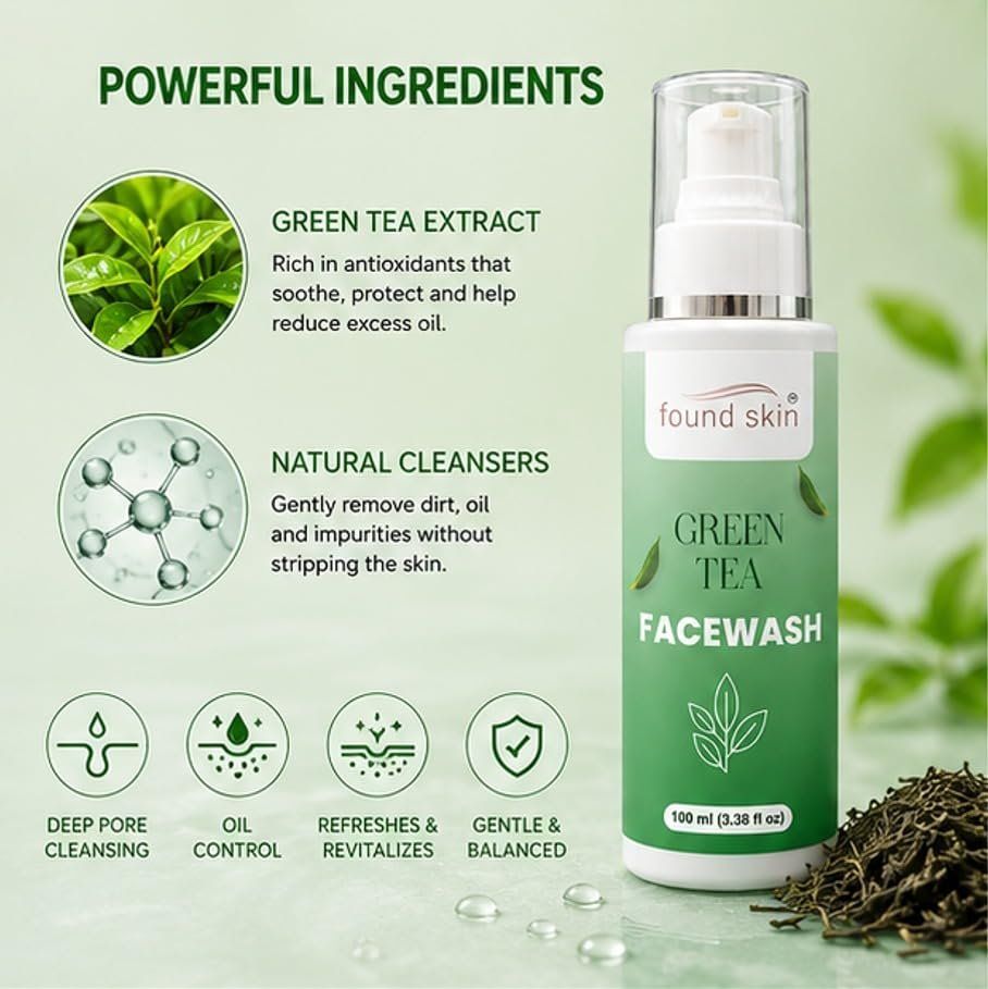 Found Skin Green Tea Face Wash | Deep Pore Cleansing Oil Control Face Cleanser For Acne, Pimples & Dull Skin | Refreshing Daily Facial Cleanser With Green Tea Extract | 100ML image 5