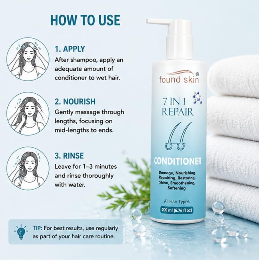 Found Skin 7 In 1 Repair Nourishing Conditioner For Smooth & Manageable Strands | Daily Use Restoring Care For Dry & Rough Texture | All Types 200ML image 5