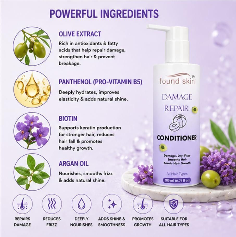 Found Skin Damage Repair Formula Nourishing Daily Conditioner For Dry, Frizzy & Weak Strands For Smooth & Manageable Hair 200ML image 5