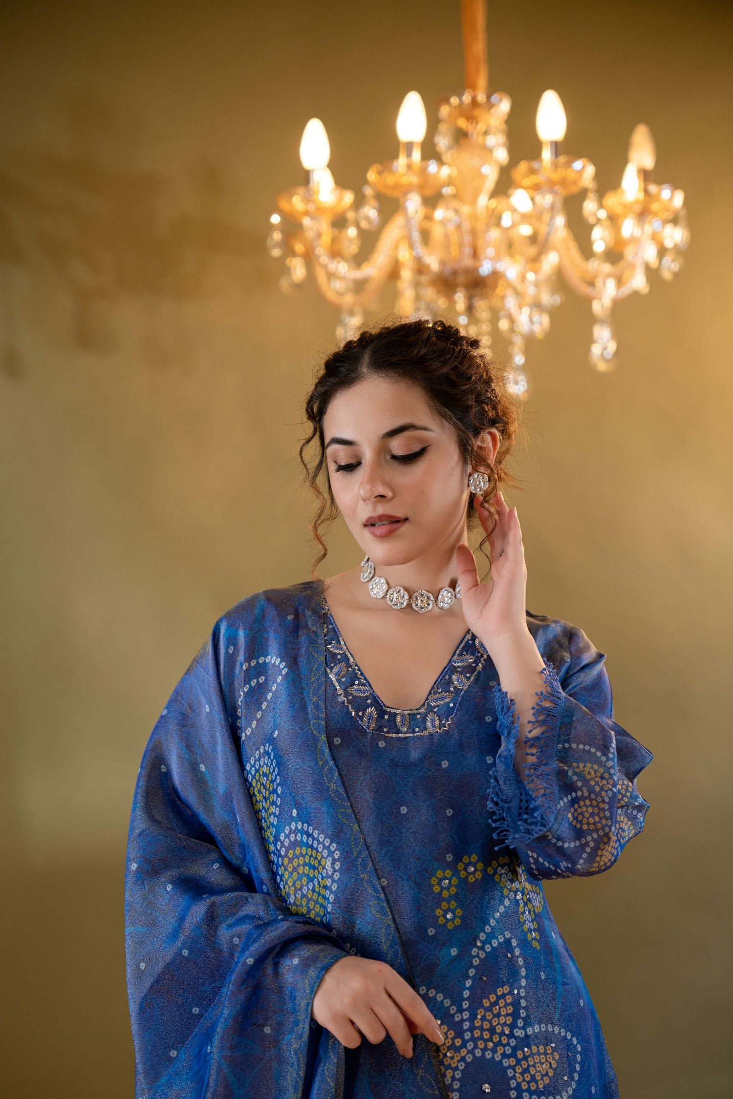 Elegant Red A-line Kurta Set With Embroidered Neck And Floral Bandhani Print image 2