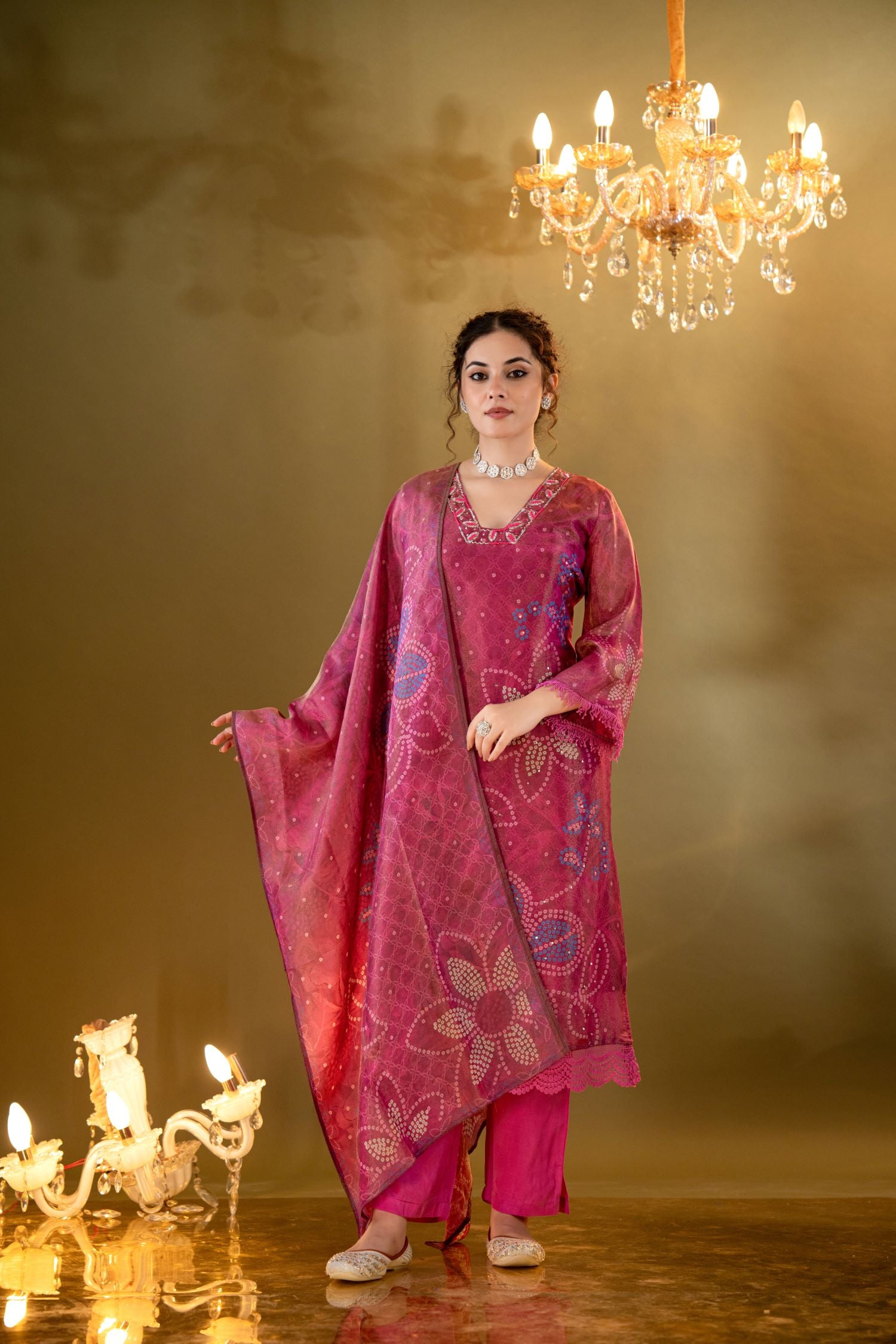 Elegant Red A-line Kurta Set With Embroidered Neck And Floral Bandhani Print