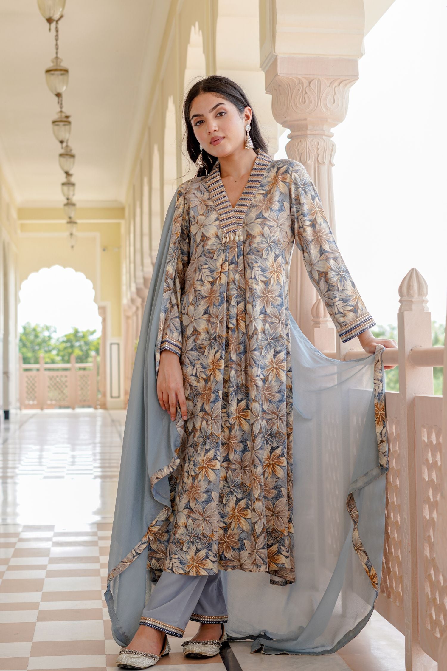Embroidered V-neck Printed A-line Kurta Set image 2