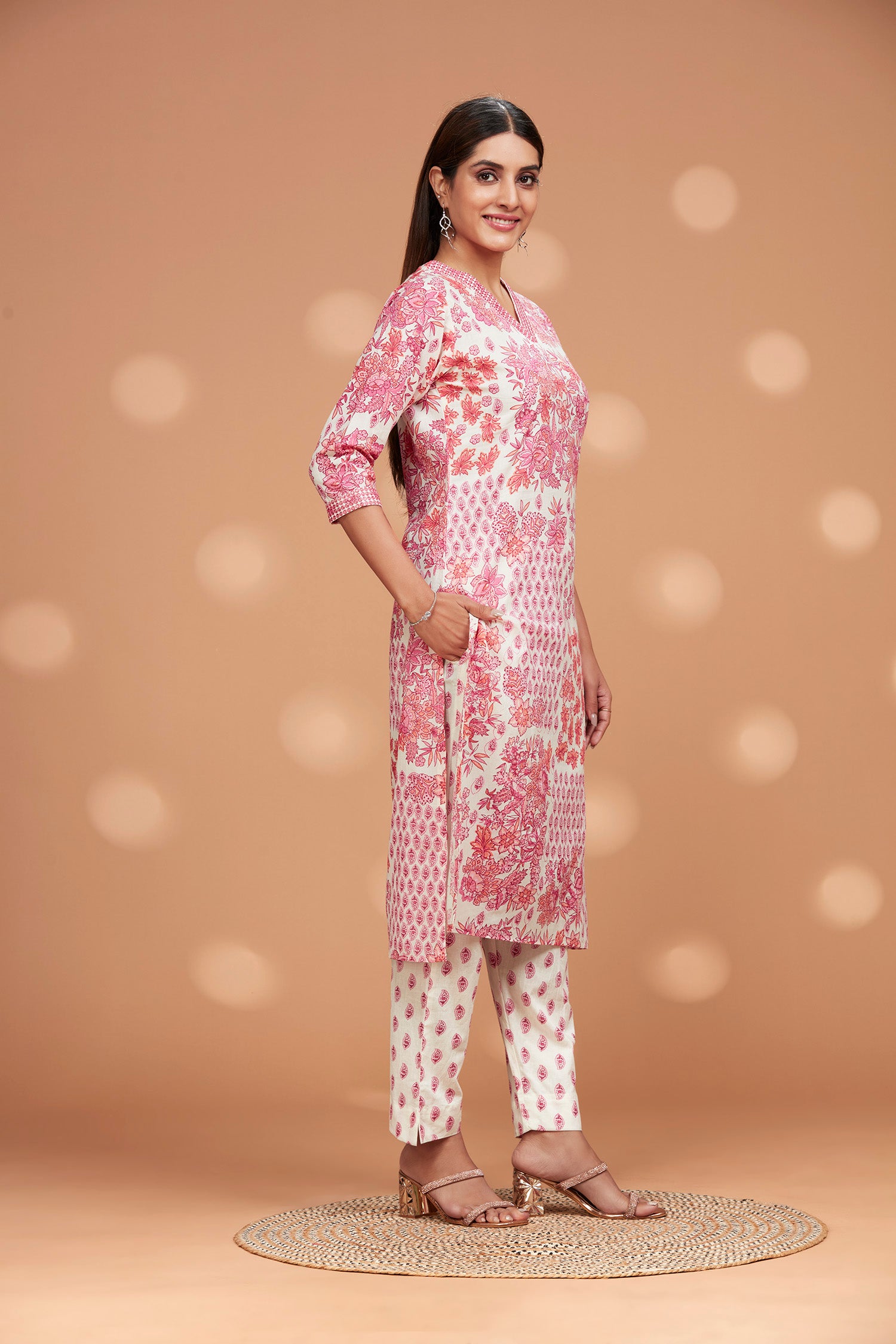 Cotton V Neck Printed A Line Kurta Set image 2
