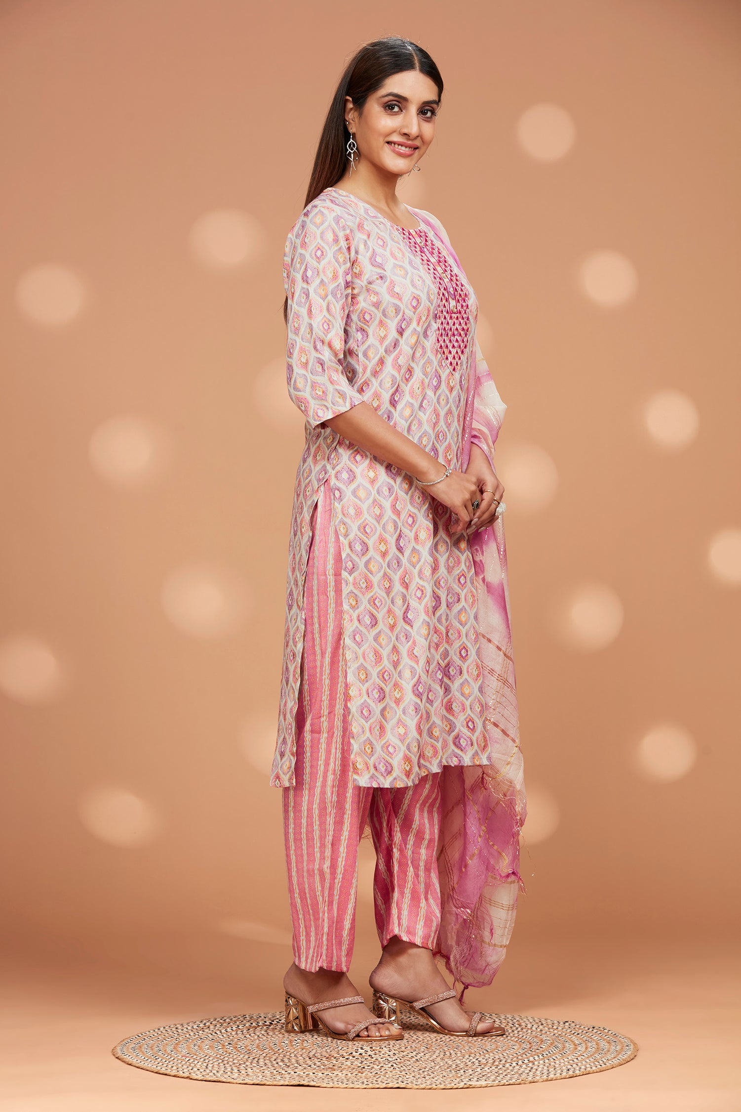 Printed Straight Fit Embroidered Kurta With Palazzo Pant & Tie-die Duppatta - Pink image 2