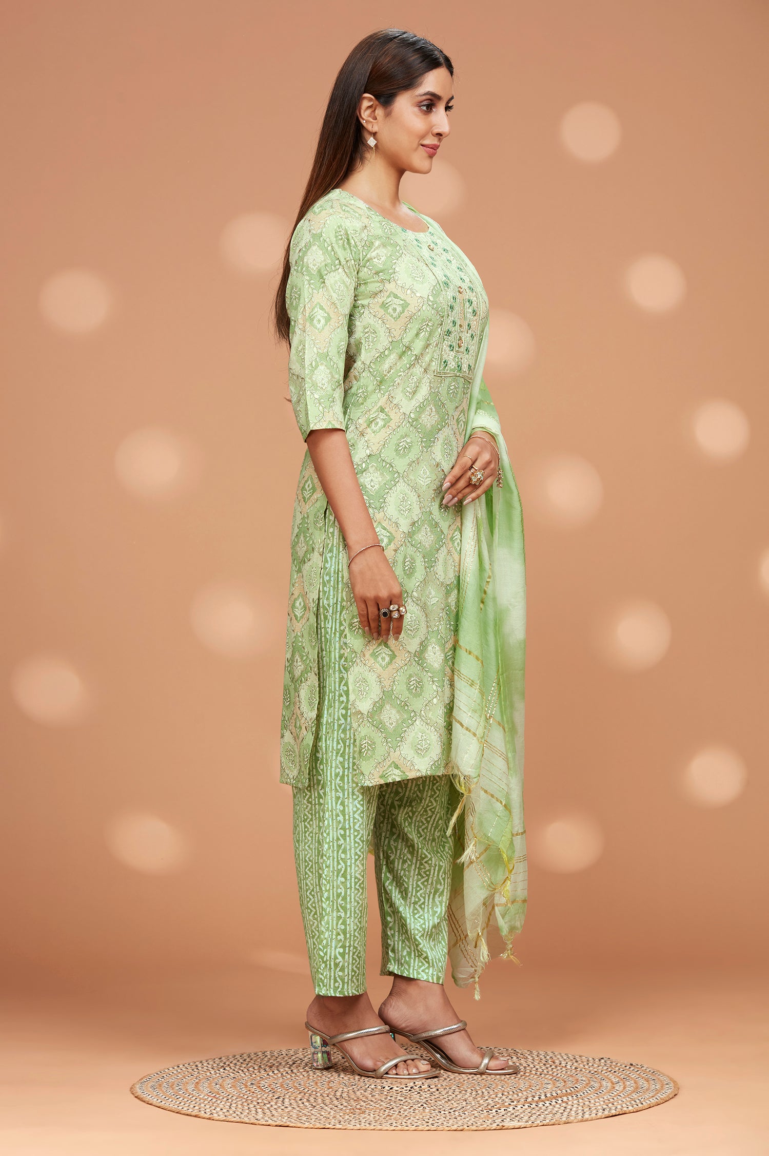 Printed Straight Fit Embroidered Kurta With Palazzo Pant & Tie-die Duppatta - Light Green image 2