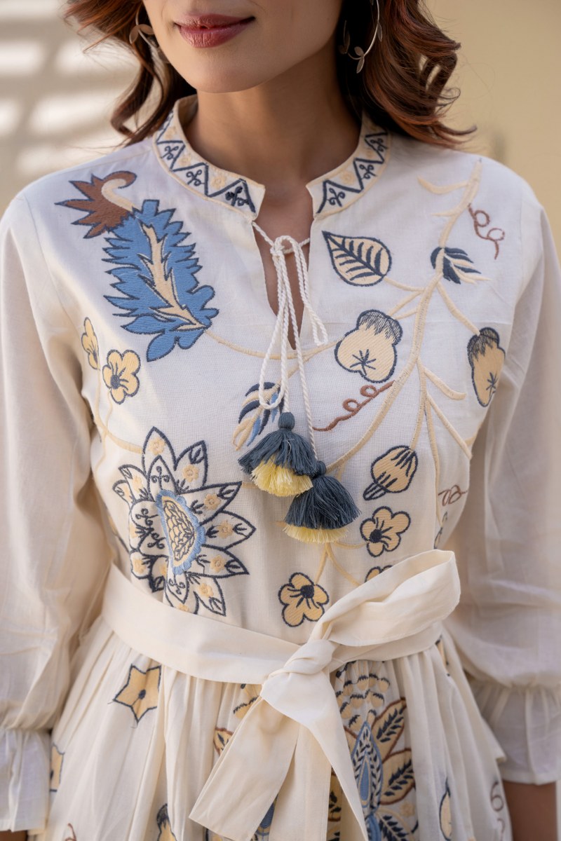 Off- White Cotton Ocean Blue Marigold Printed Tunic Dress image 2