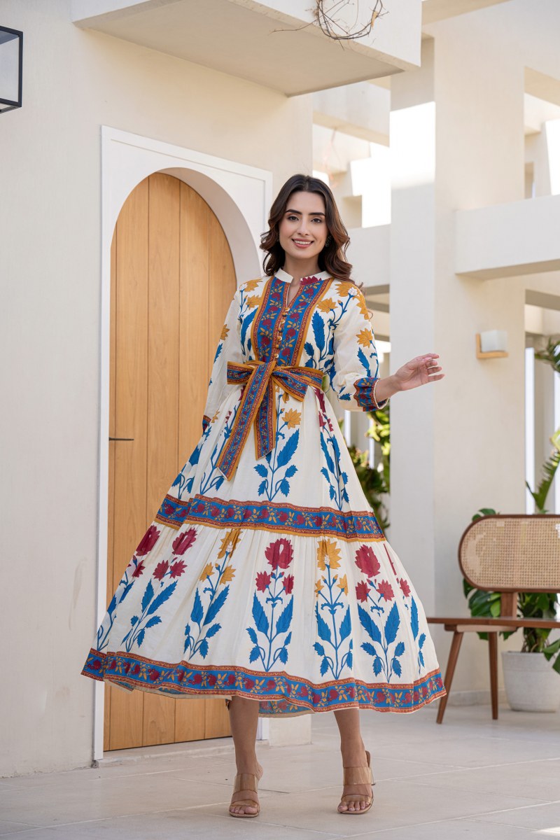 Cotton Printed Long Dress With Belt image 2