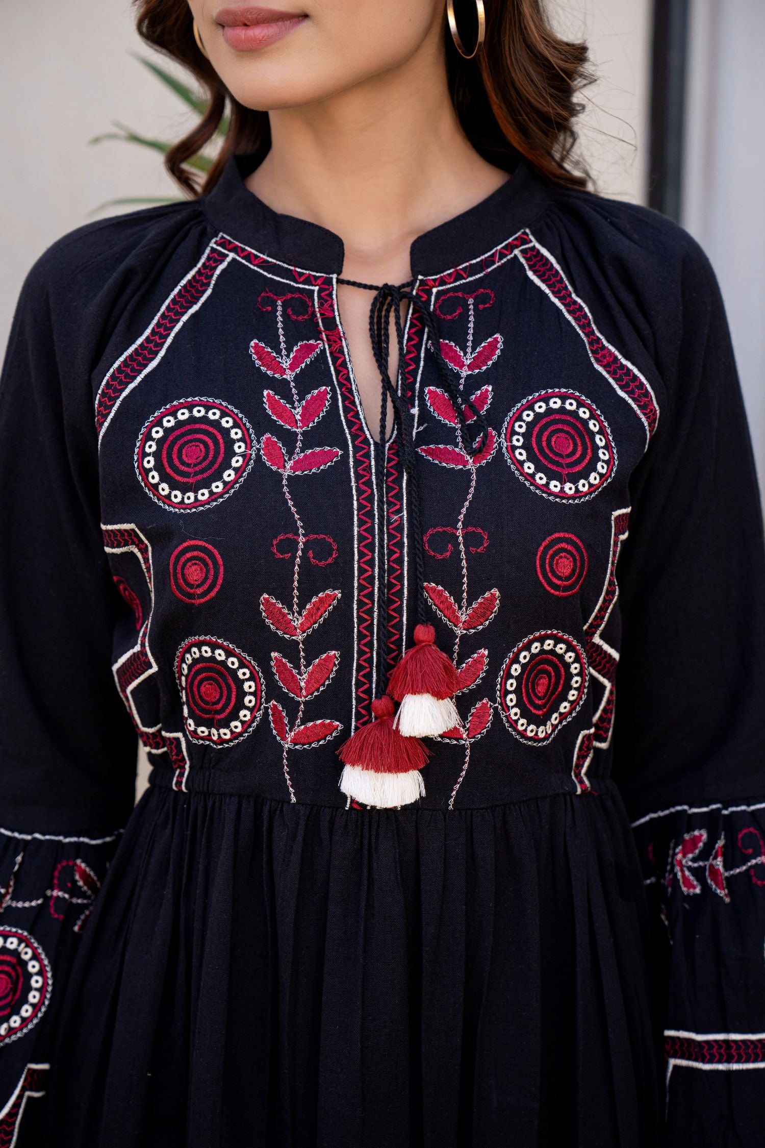 Bell Sleeves Fit & Flare Short Tunic Dress With Tie-up Neck image 2
