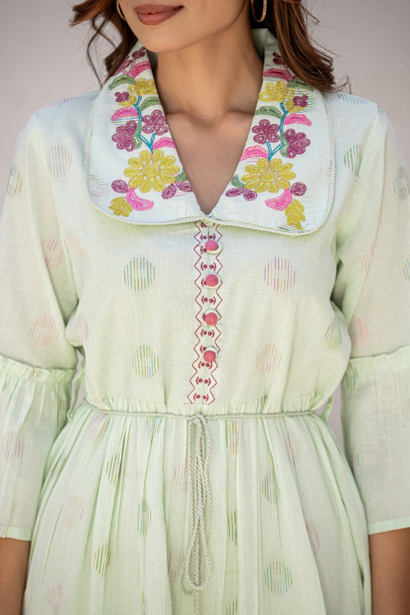 V-neck With Embroidered Peter Pan Collar Printed Cotton Tunic Dress image 2