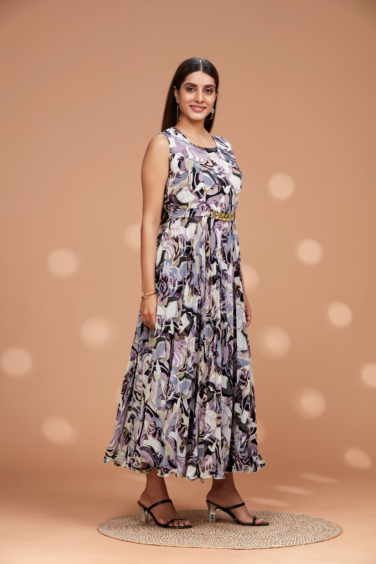 Pleated Sleeveless Gown With Metal Waist Belt image 2