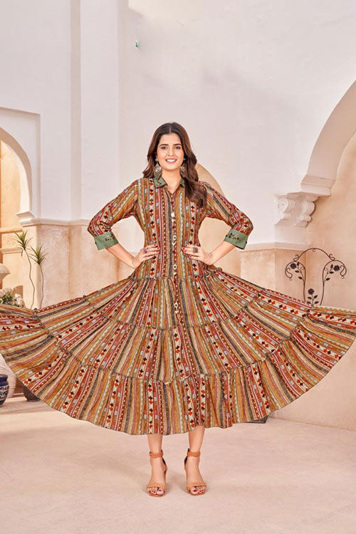 Light Brown Muslin Geometric Print Collared Midi Dress image 2