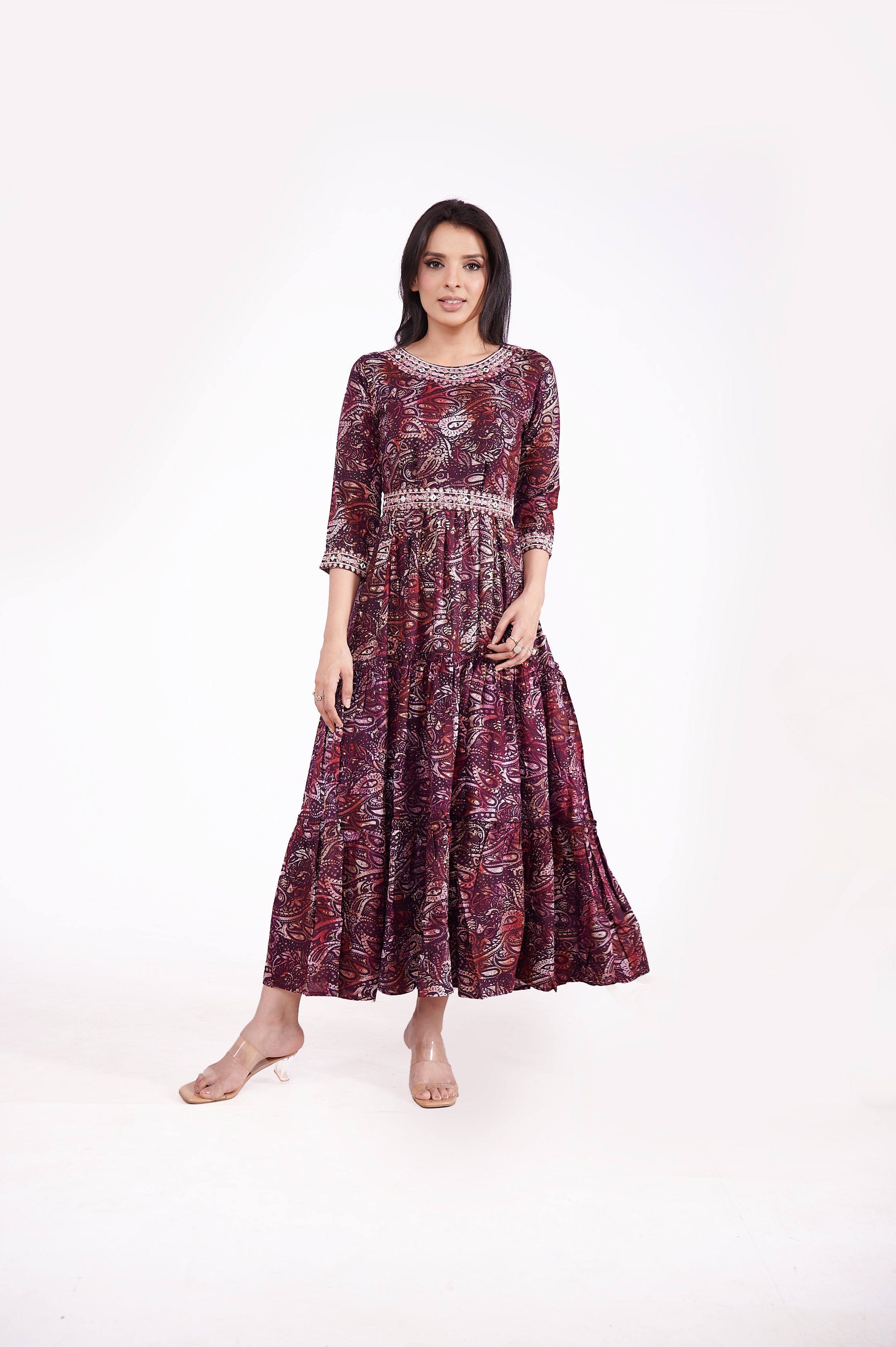 Rayon Pasley Printed Neck Embroidered Ethnic Dress (MAROON) image 3