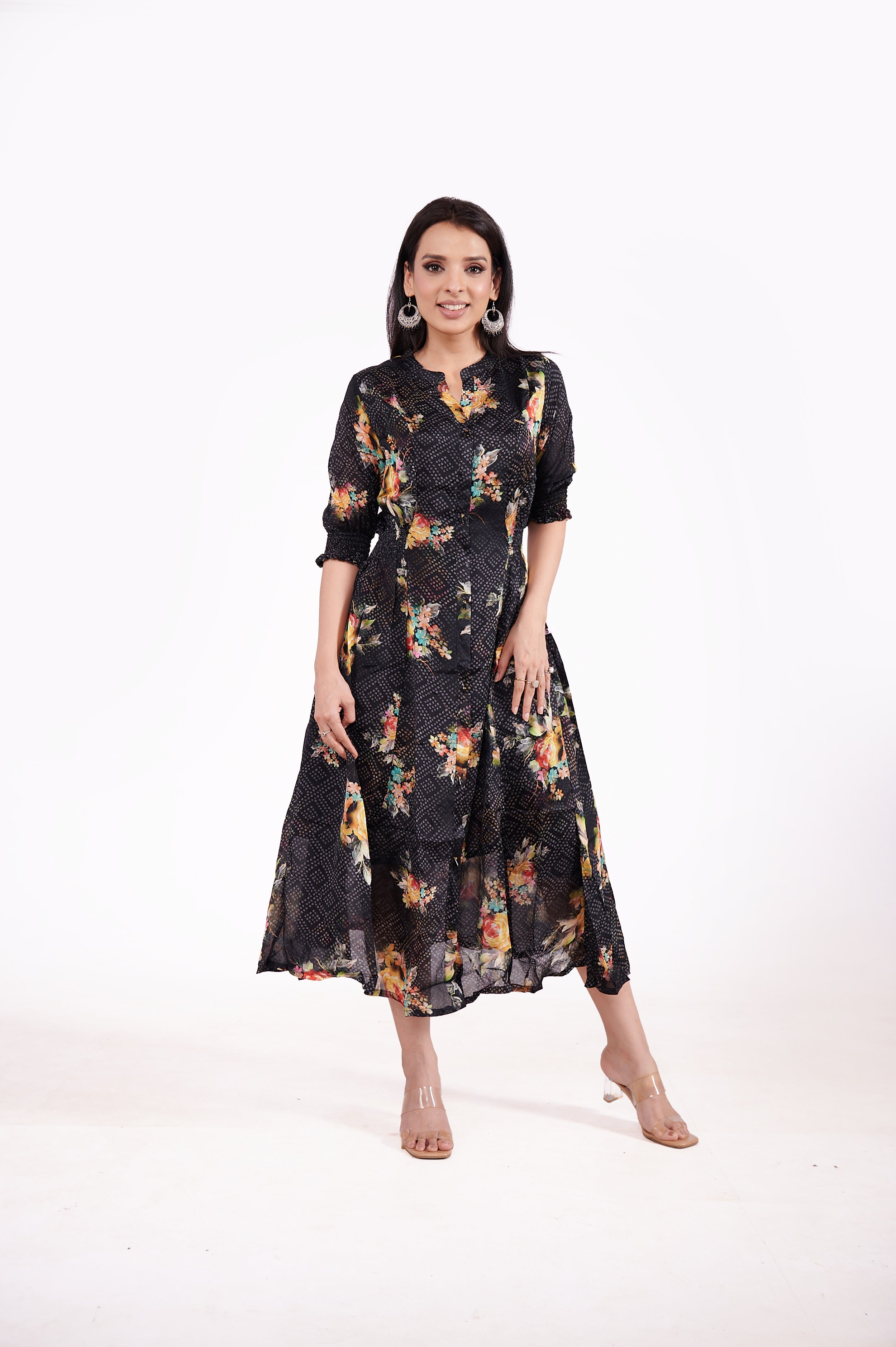 Chinon Floral Bandhini Ethnic Dress (BLACK) image 2