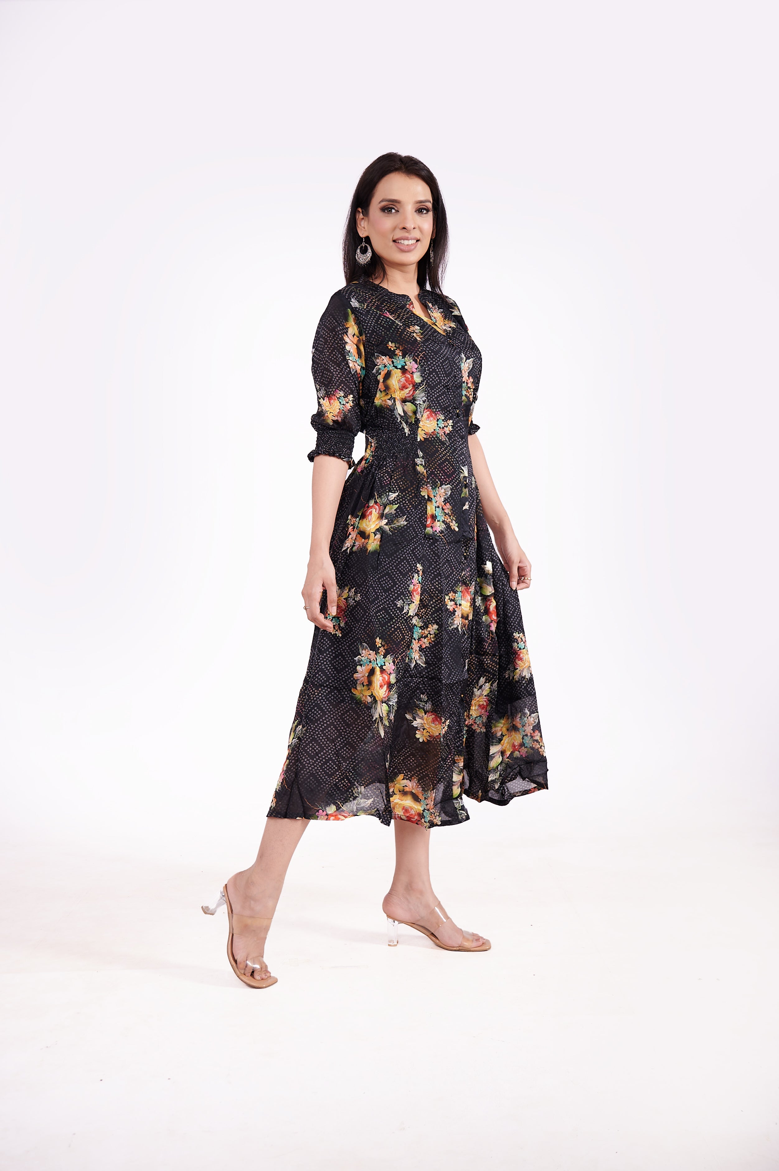 Chinon Floral Bandhini Ethnic Dress (BLACK) image 3
