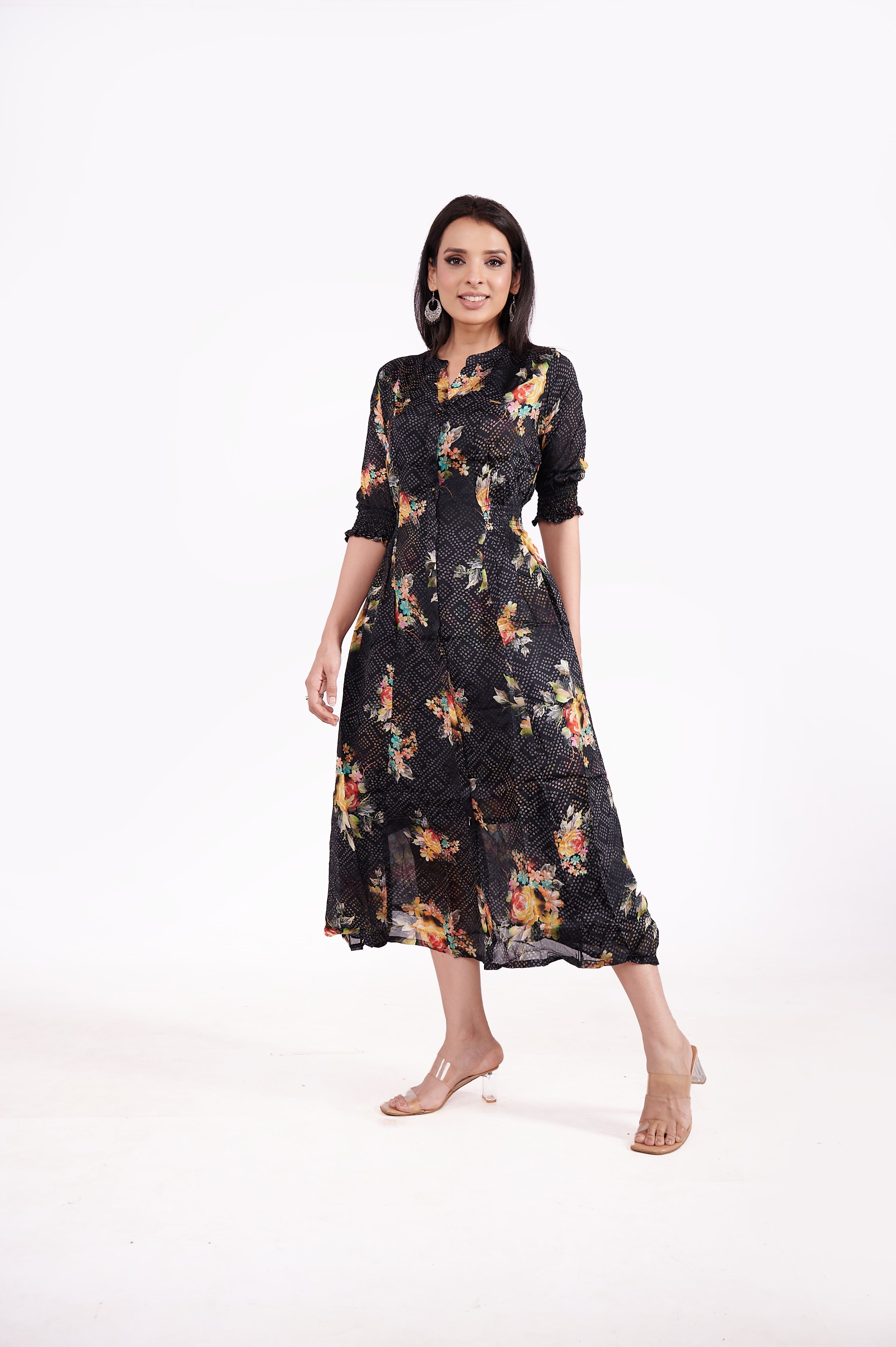 Chinon Floral Bandhini Ethnic Dress (BLACK) image 4