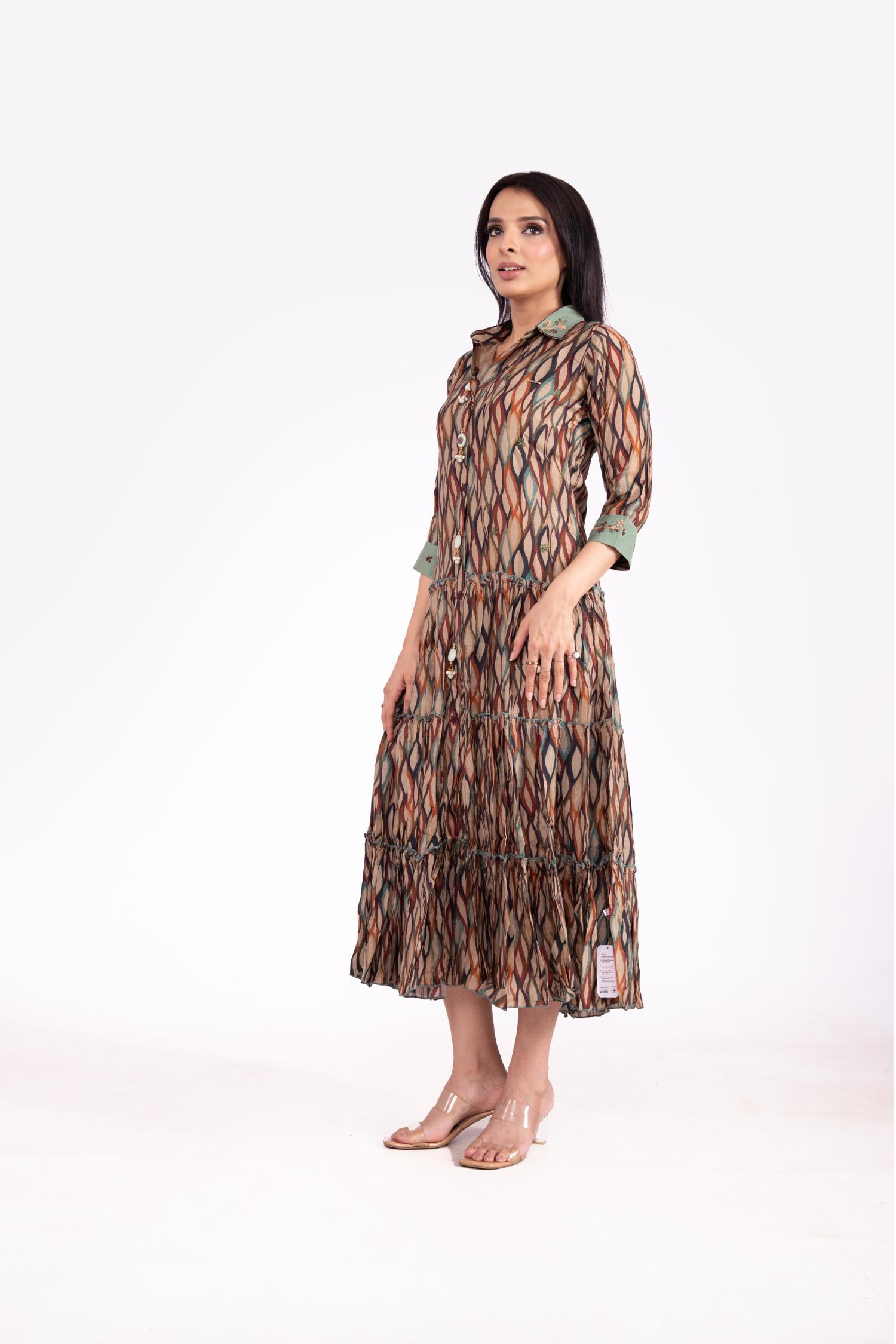 Muslin Geometric Print Collared Midi Dress For Women image 2