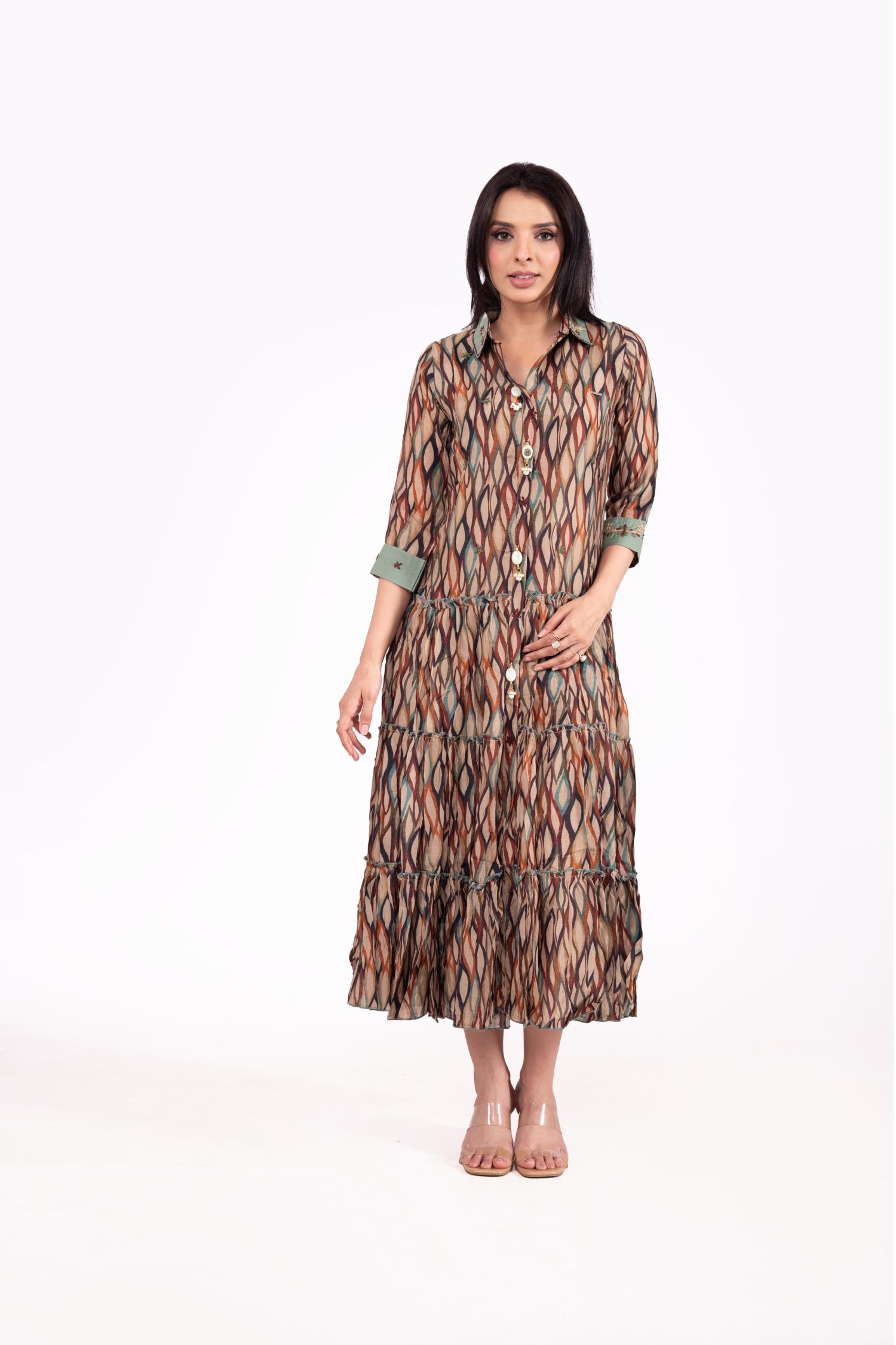 Muslin Geometric Print Collared Midi Dress For Women image 3