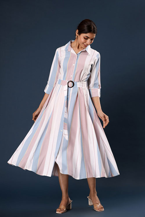 Formal Wear Stripped Collared Rayon Midi Dress image 2