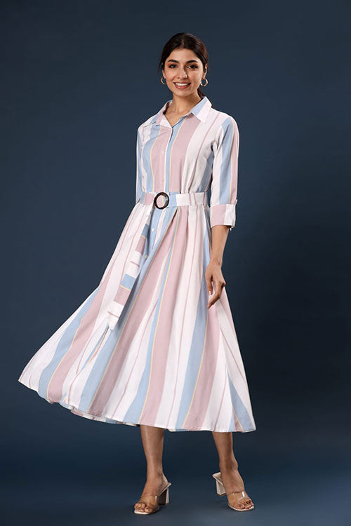 Formal Wear Stripped Collared Rayon Midi Dress image 4