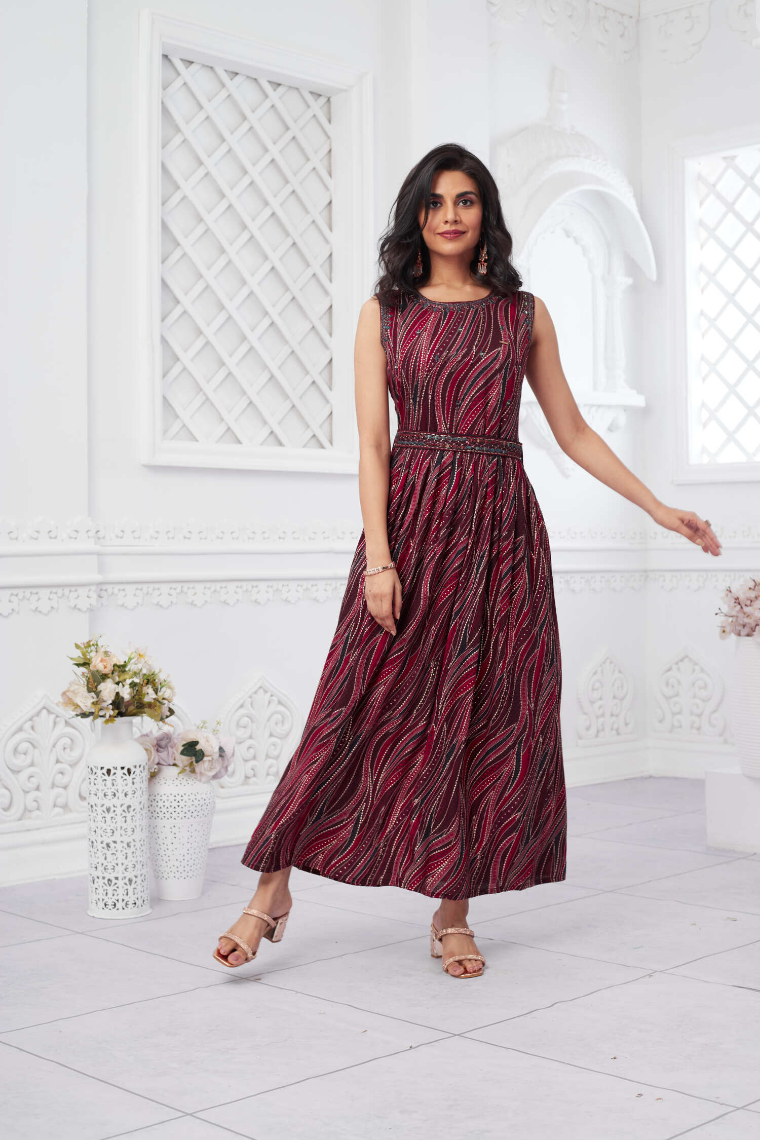 Rayon Sleeveless Foil Print Ethnic Dress - Maroon image 3