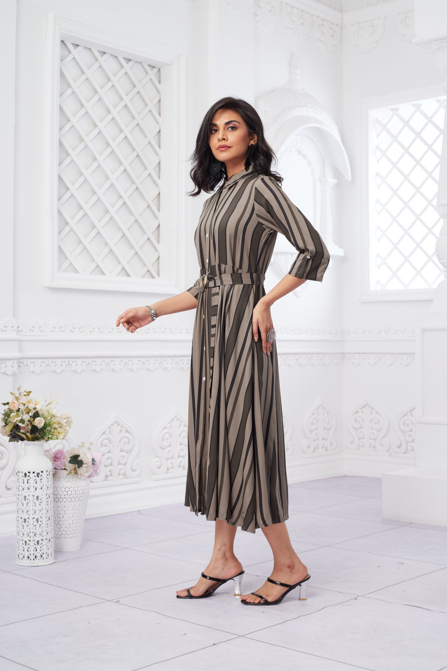 Formal Wear Stripped Collared Midi Dress With Belt - Brown image 2