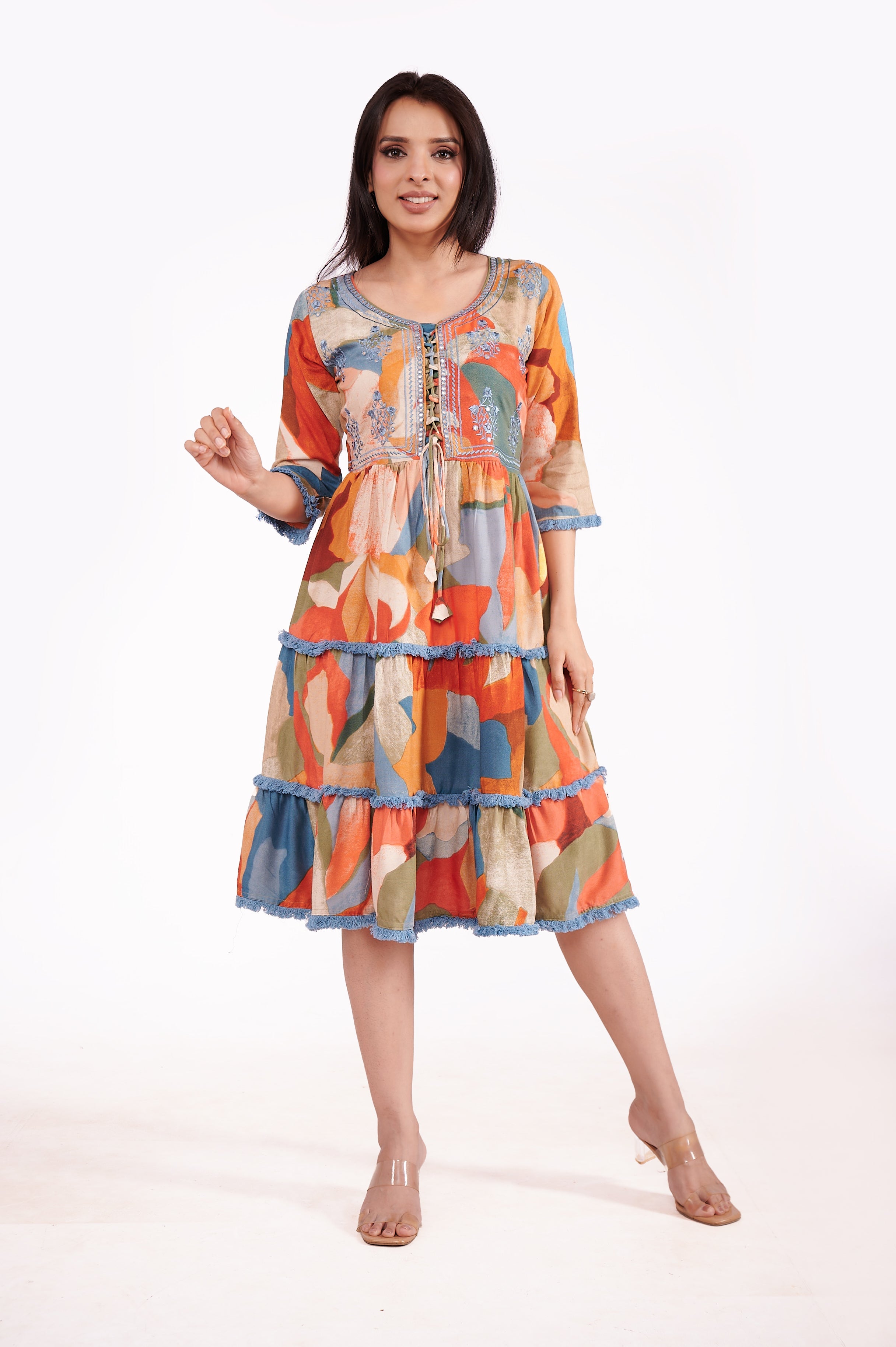 Mul Cotton Round Neck Abstract Tunic Dress image 3