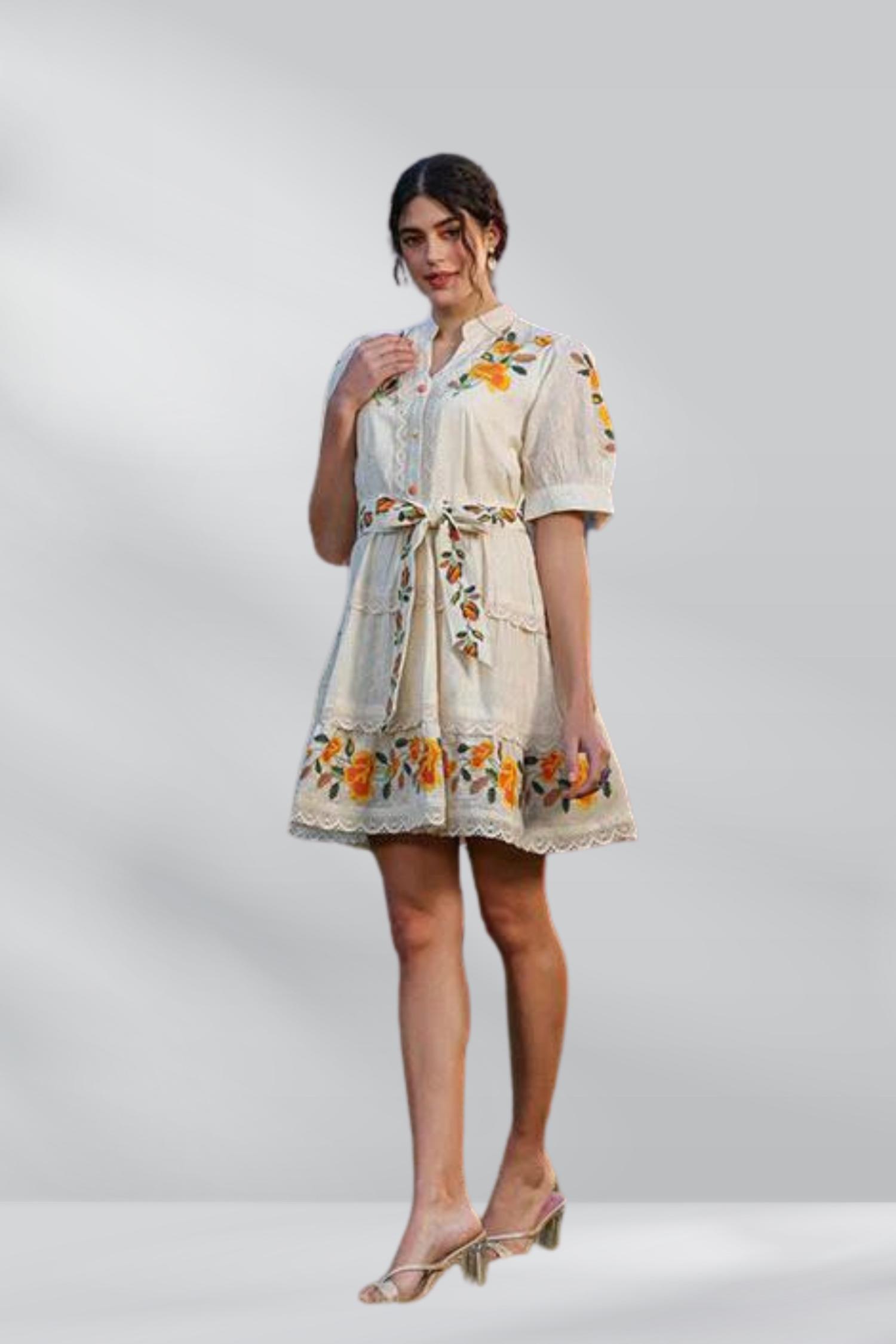 Cotton Embroidered Tunic Dress With Embroidered Belt
