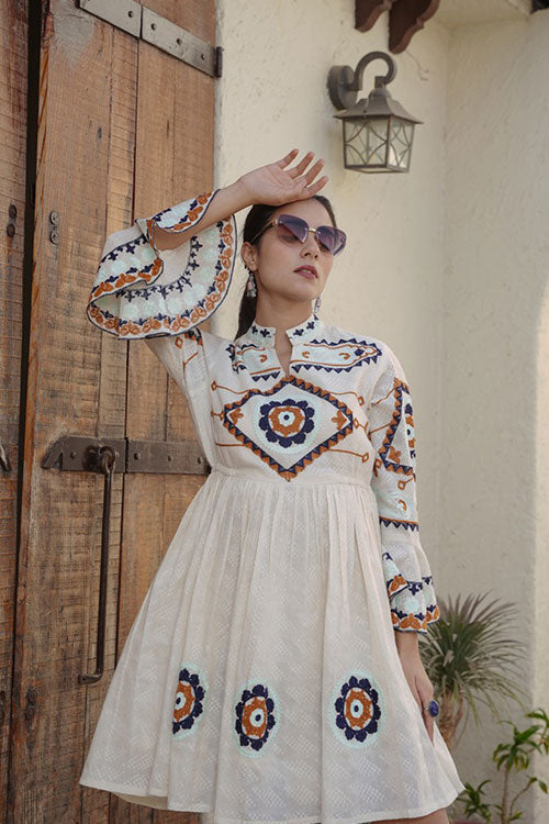 Cotton Embroidred Tunic Dress With Bell Slevees image 4