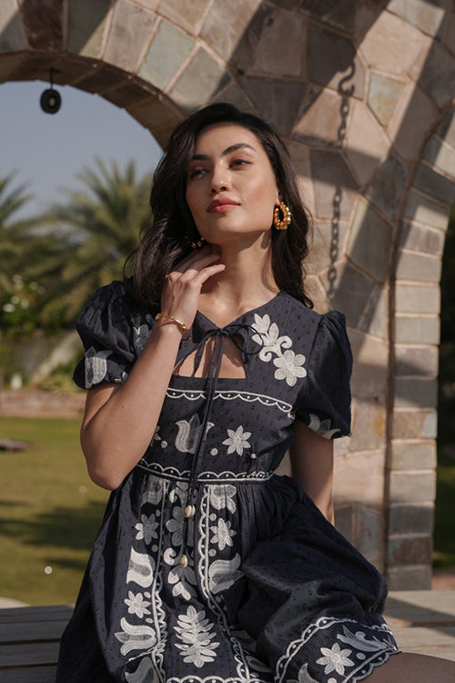 Cotton Embroidered Short Sleeves Tunic Dress - Black image 2