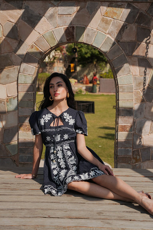 Cotton Embroidered Short Sleeves Tunic Dress - Black image 3