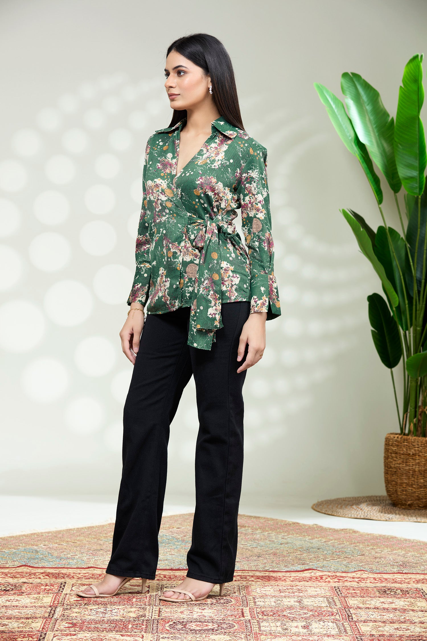Satin Printed Top Wrap Around - Dark Green image 2