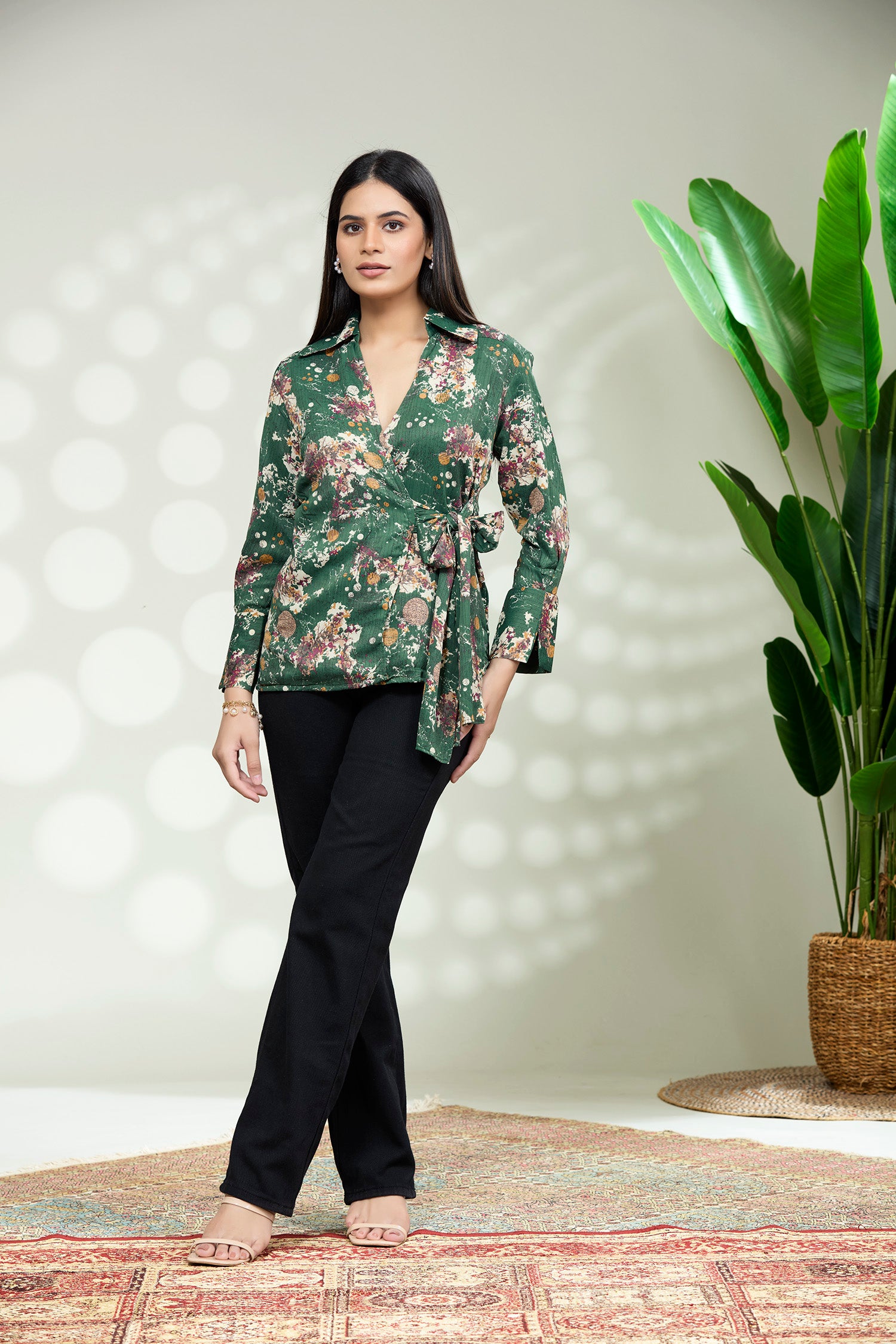 Satin Printed Top Wrap Around - Dark Green image 4