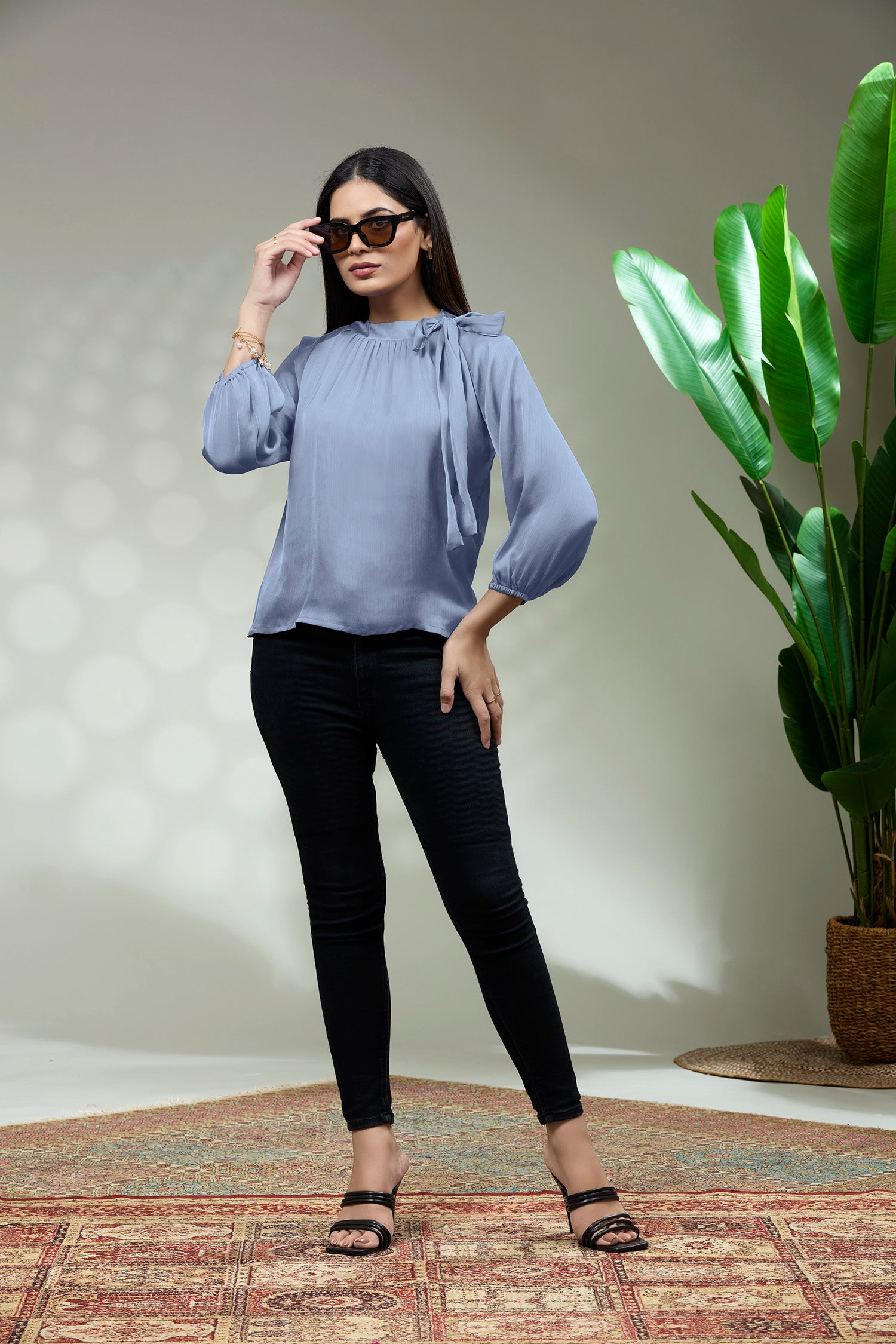 Satin Tie Neck Top - Blue