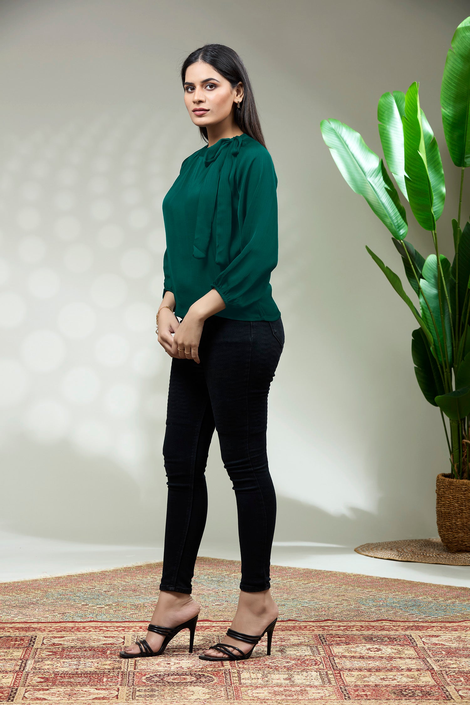 Satin Tie Neck Top -GREEN image 3