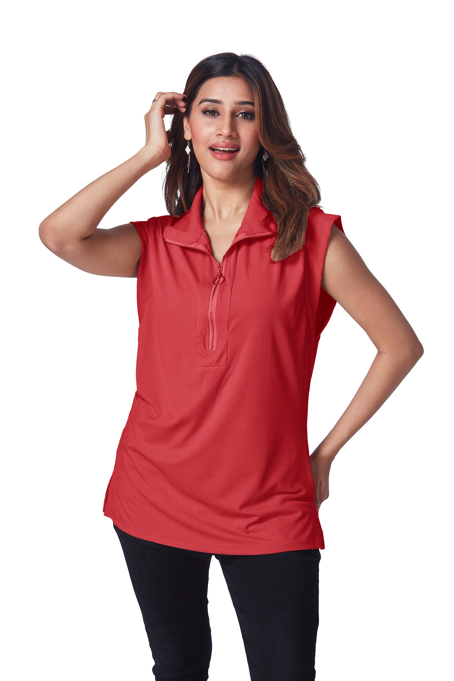 Sleevless Top With Zip In It - Red image 2