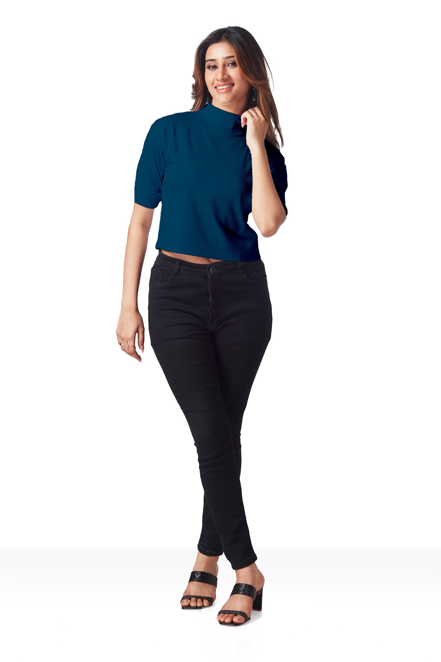 Casual Polo Neck Crop T-shirts - Blue image 2