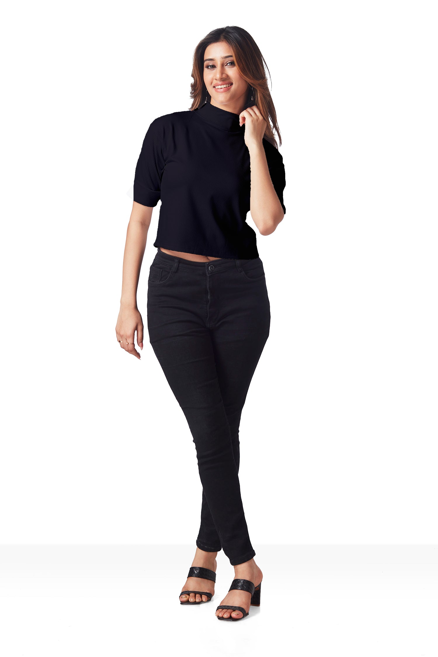 Casual Polo Neck Crop T-shirts - Black image 2