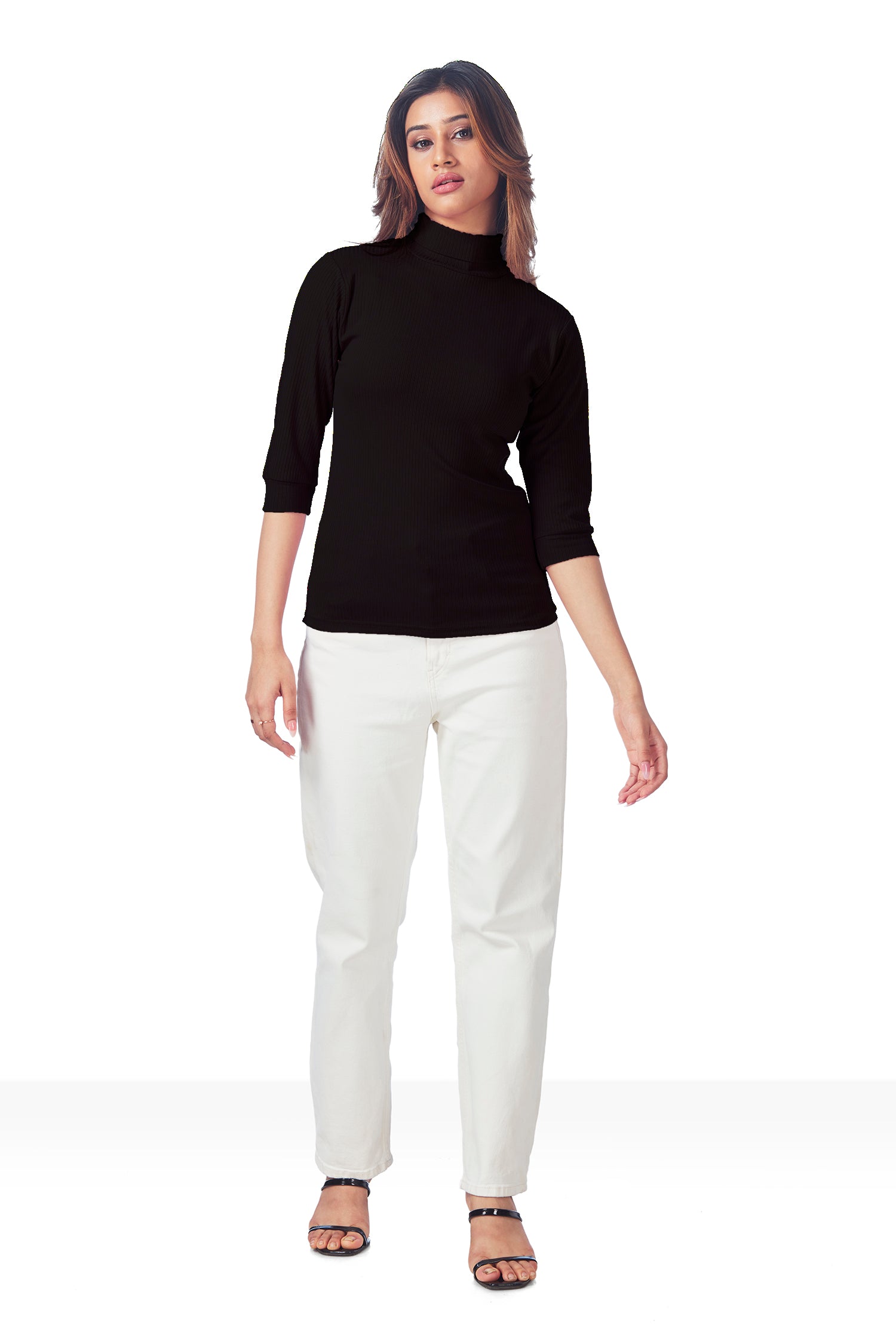 Casual Polo Neck Ribbed 3/4TH Sleeves T-shirts - Black image 2