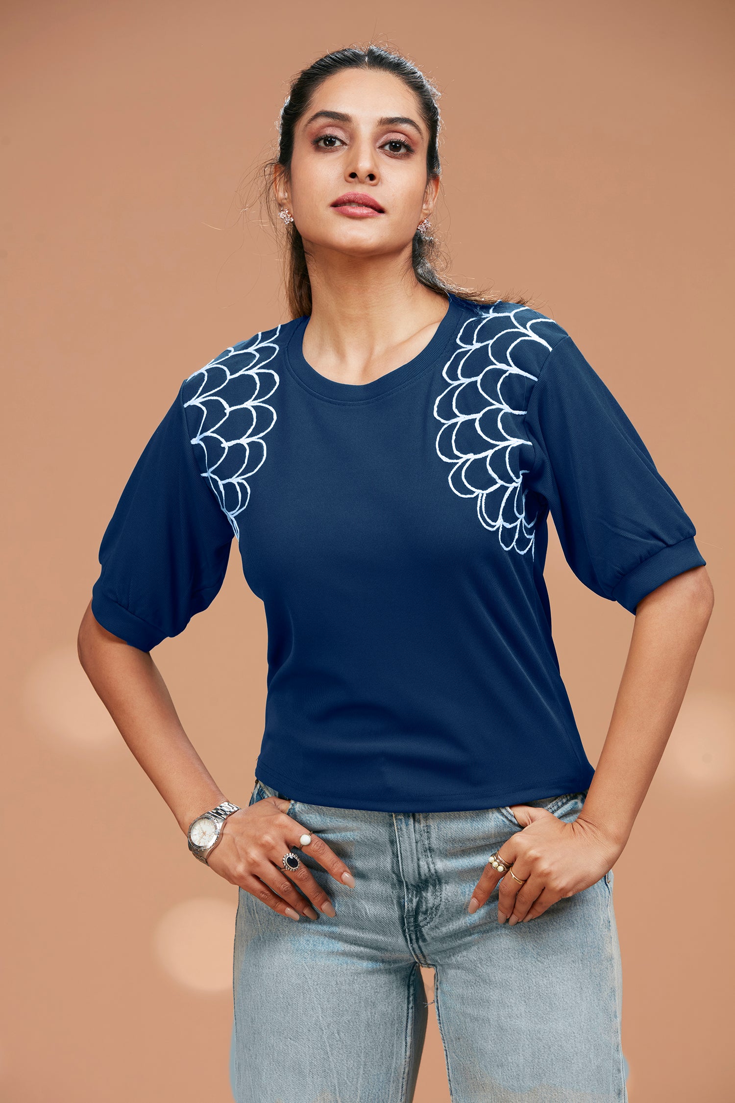 Round Neck T-shirt With Ribbed Cuff - Blue image 2
