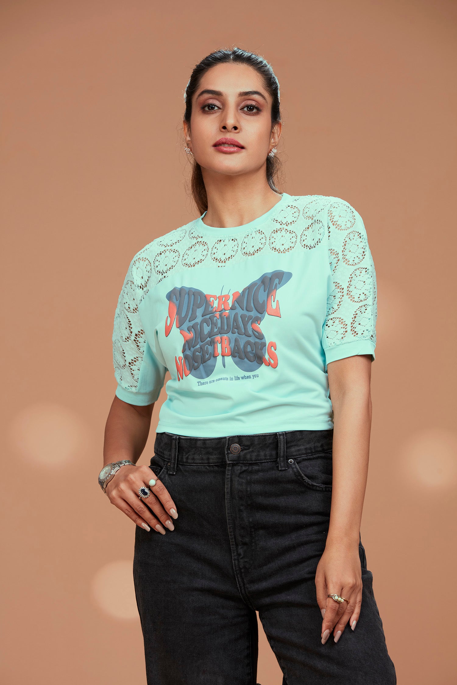 Butterfly Chest Print Crop Top - Sea Green image 2