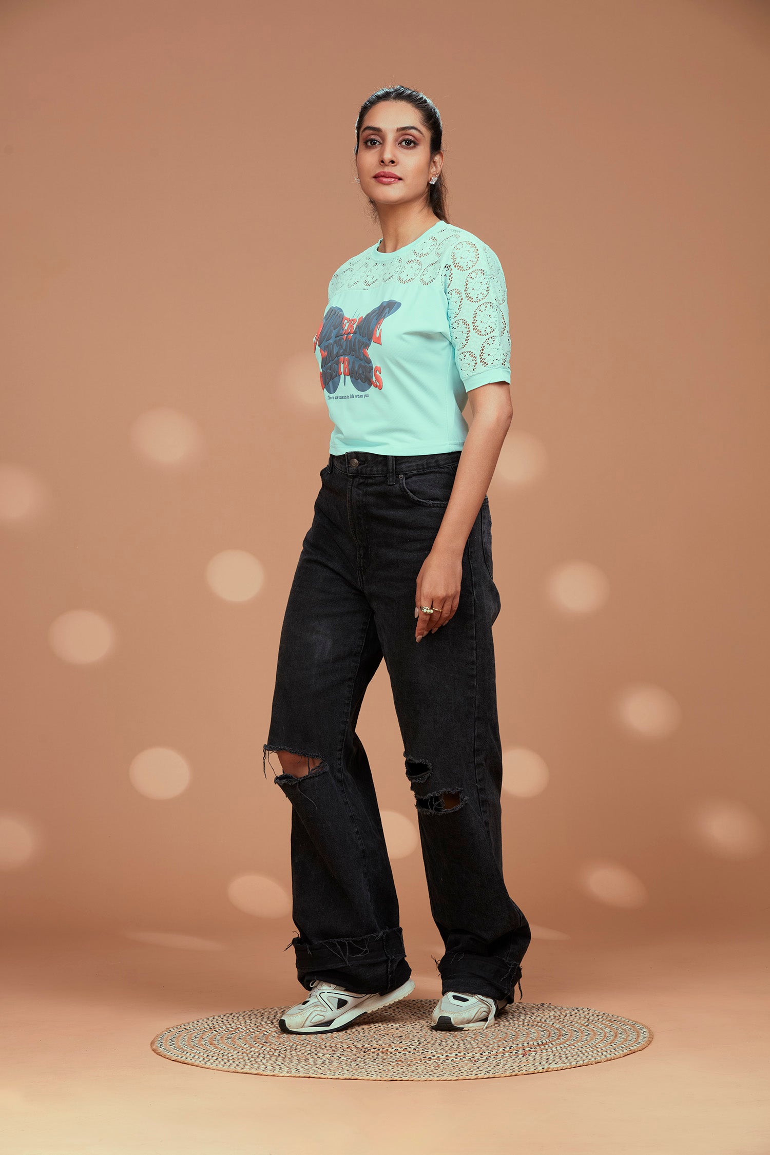 Butterfly Chest Print Crop Top - Sea Green image 3