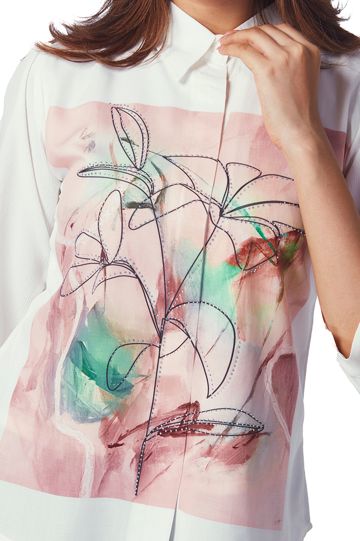 White Shirt With Marble Print And Shimmer Work image 2