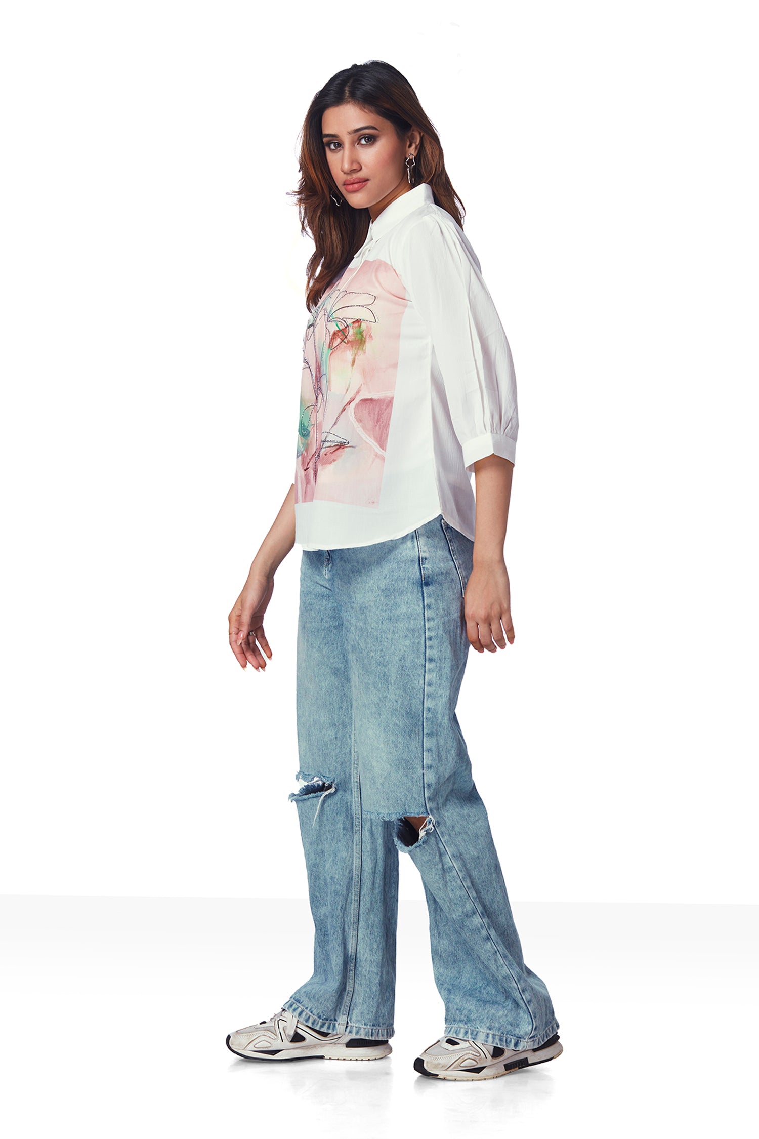 White Shirt With Marble Print And Shimmer Work image 3
