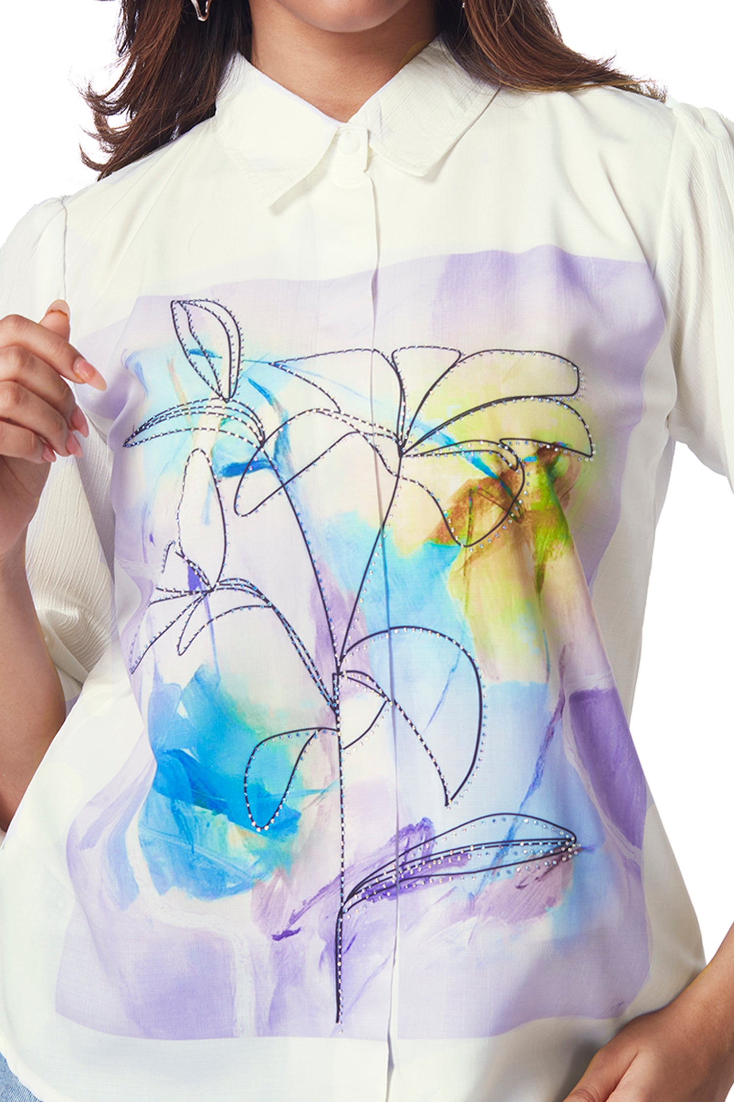 White Shirt With Marble Print And Shimmer Work - Purple image 2