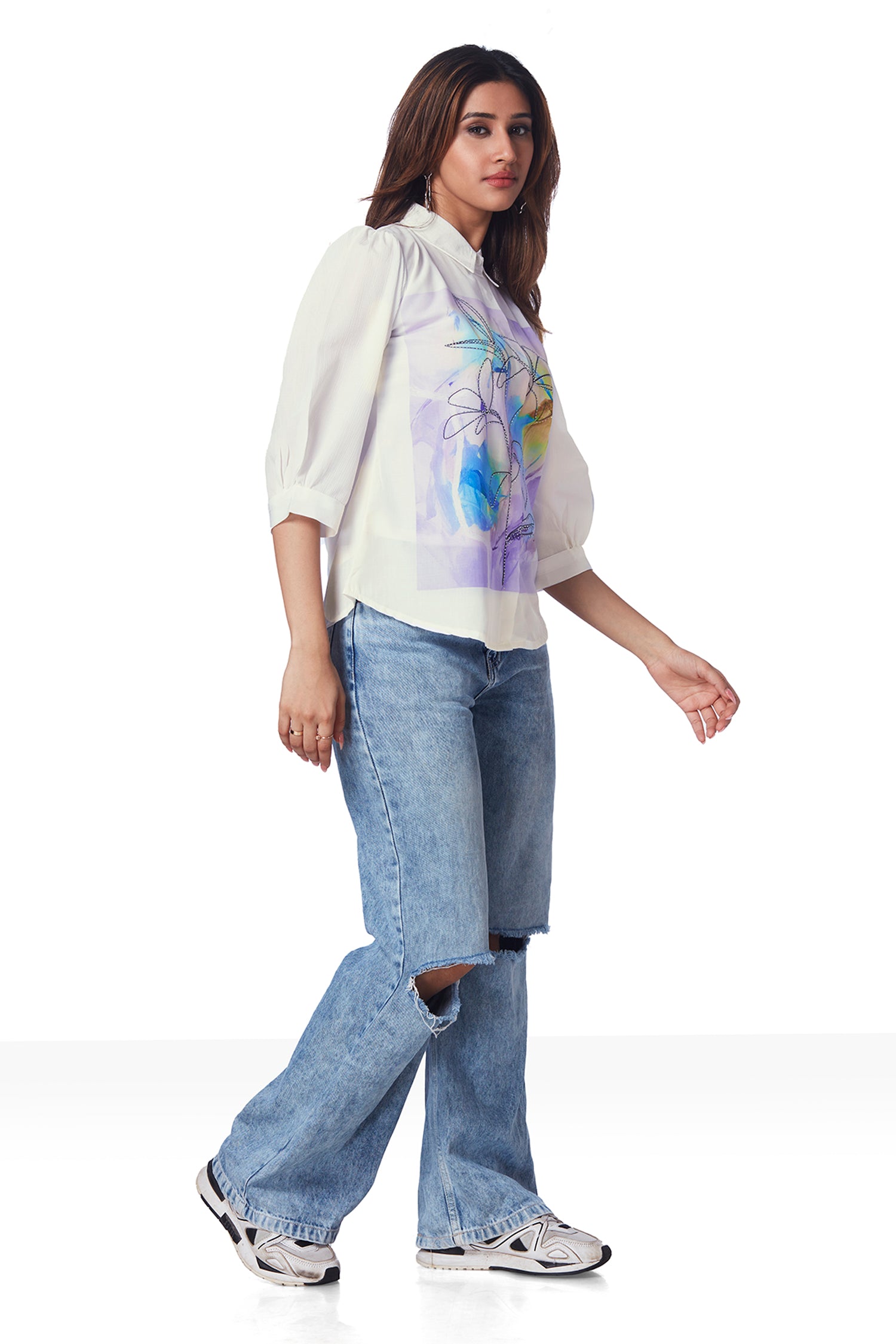 White Shirt With Marble Print And Shimmer Work - Purple image 3