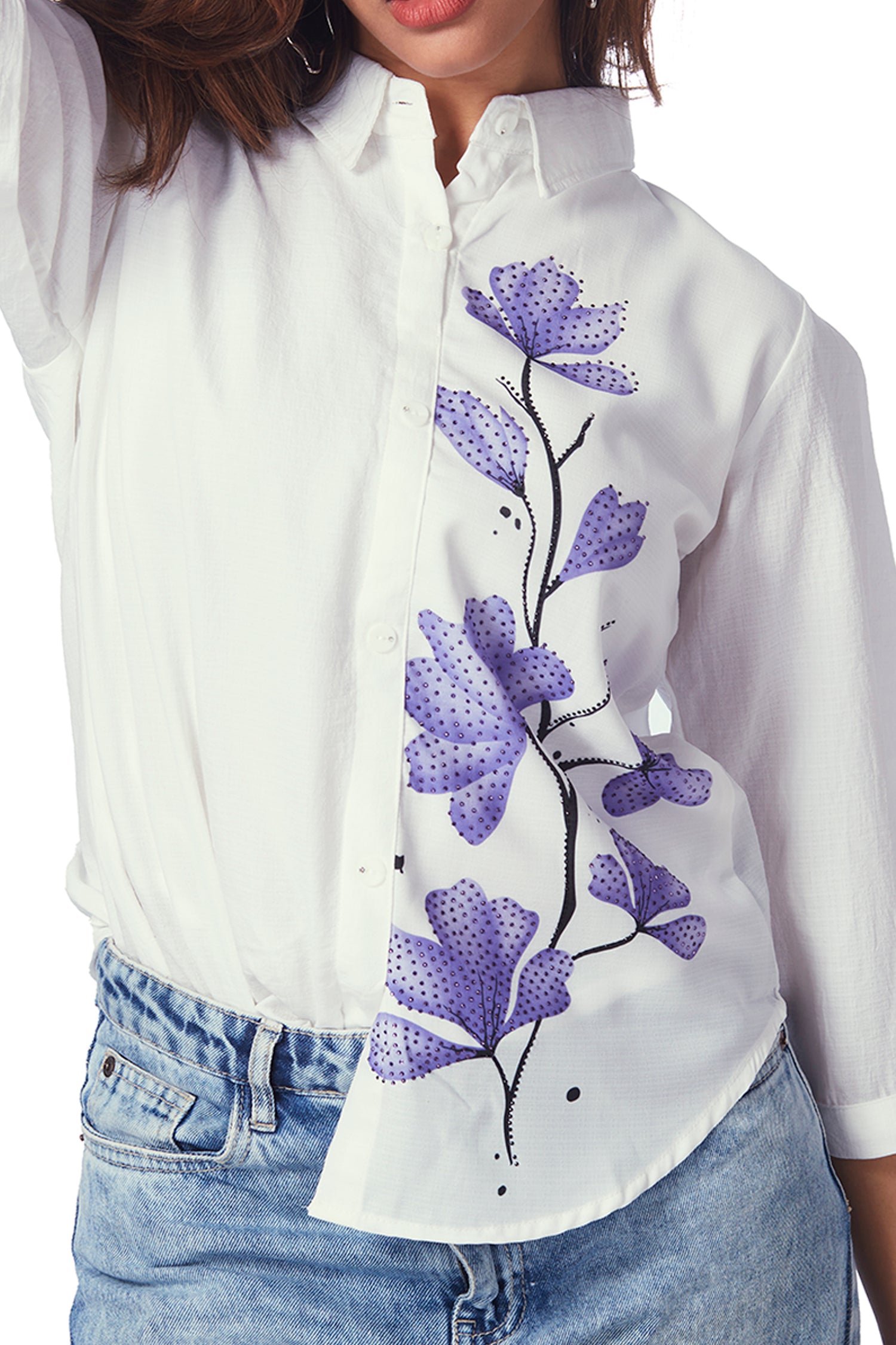 White Shirt With Print And Shimmer Work - Purple image 2