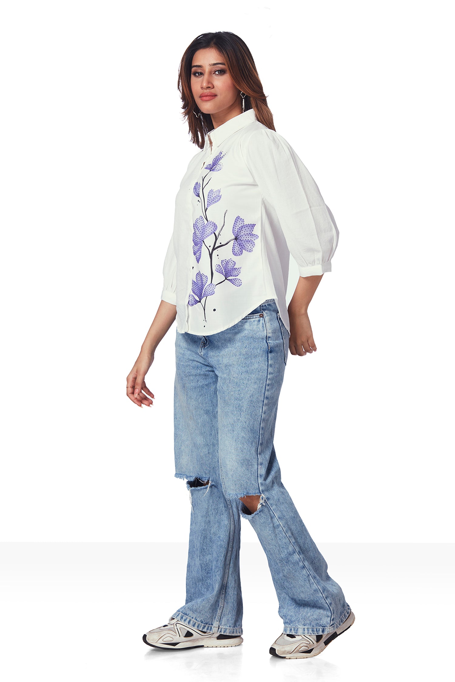 White Shirt With Print And Shimmer Work - Purple image 3